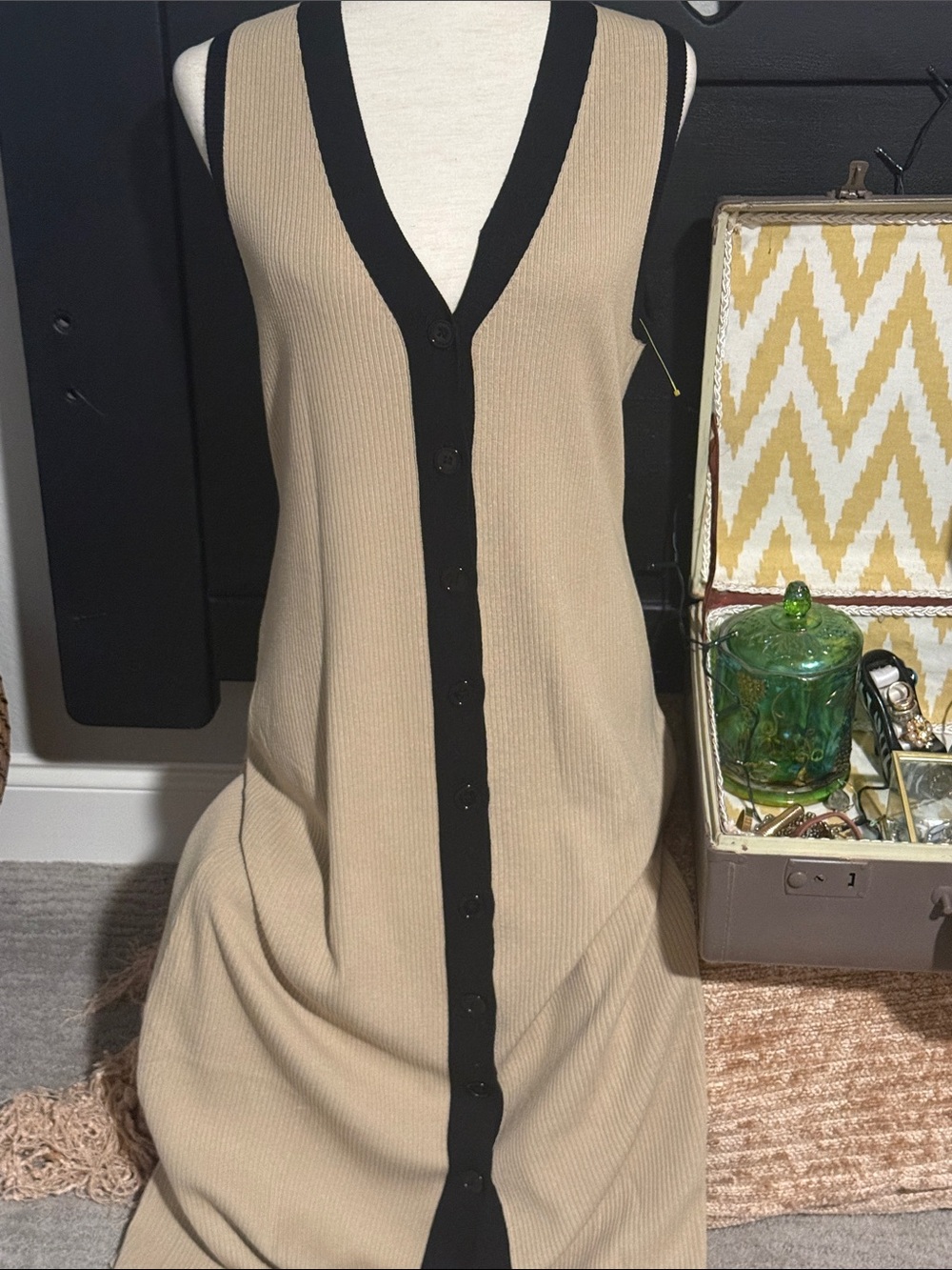 Summer  Beige Knit Button-Front Dress with Black Trim - Picture 2 of 4
